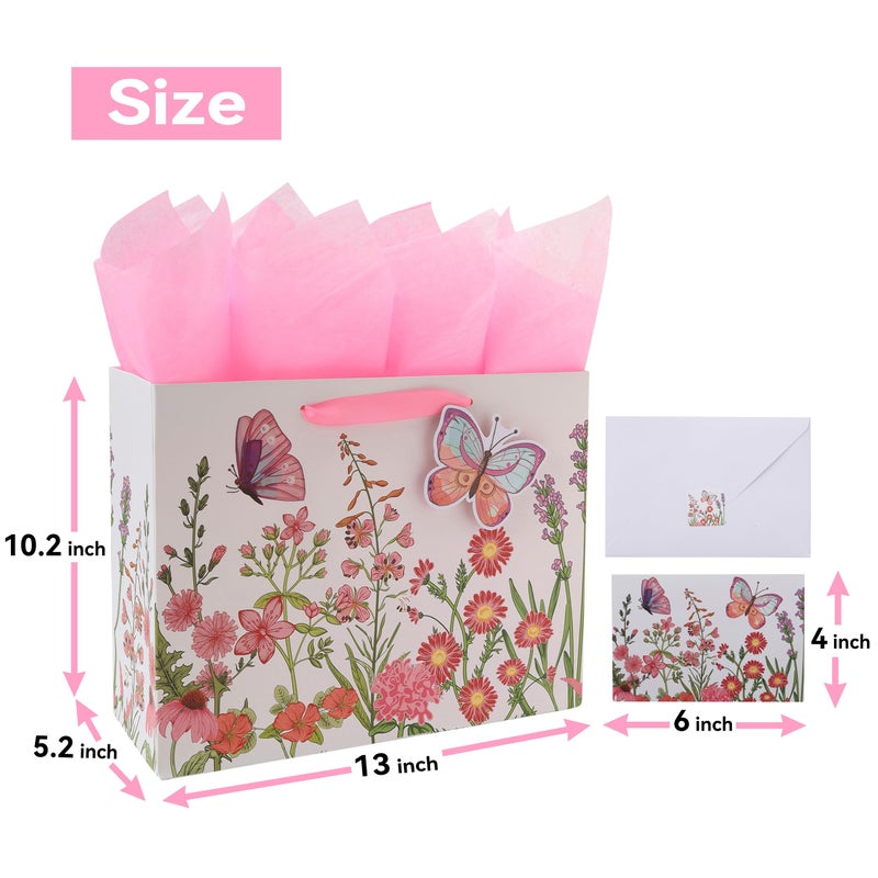 Qirrmiy 13"" Large Pink Gift Bag Set with Greeting Card and Tissue Papers (3D Butterfly and Flowers) for Women's Birthday Party  Girls' or Kids'  Mothers' Day  Wedding  Valentine's Day - Image 2